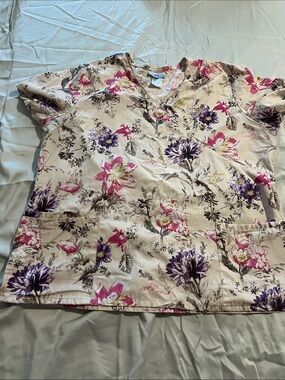 Floral Print Scrub Top with Pink & Purple Blooms